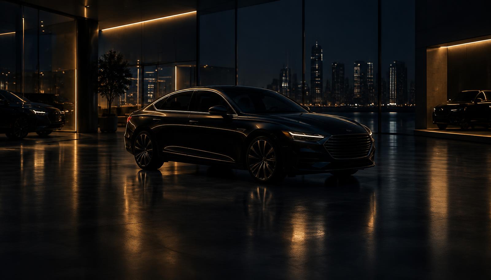 Dunkler Autohaus-Showroom bei Nacht